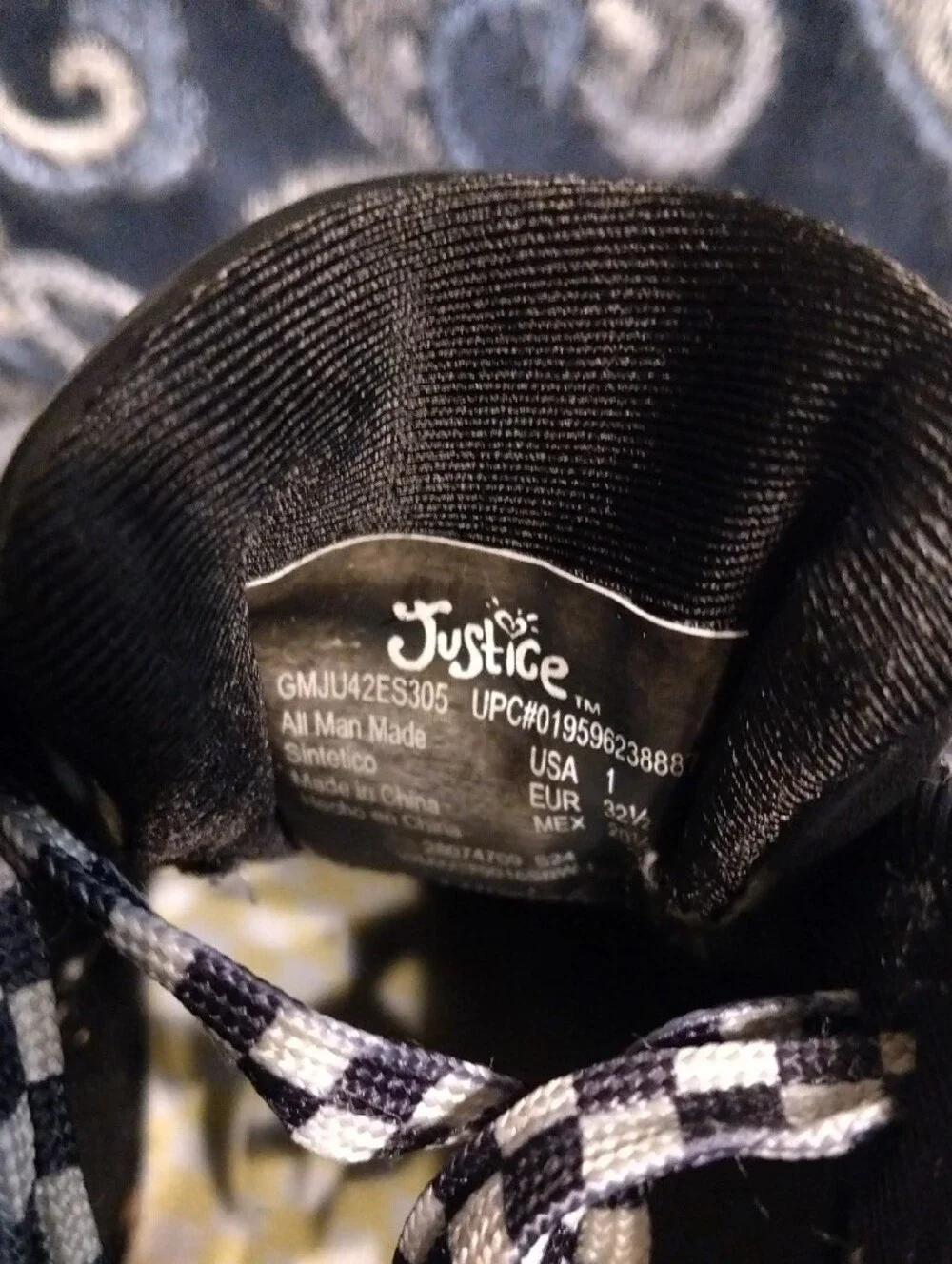Justice Black Sneakers with Checker Laces and Bead Accents